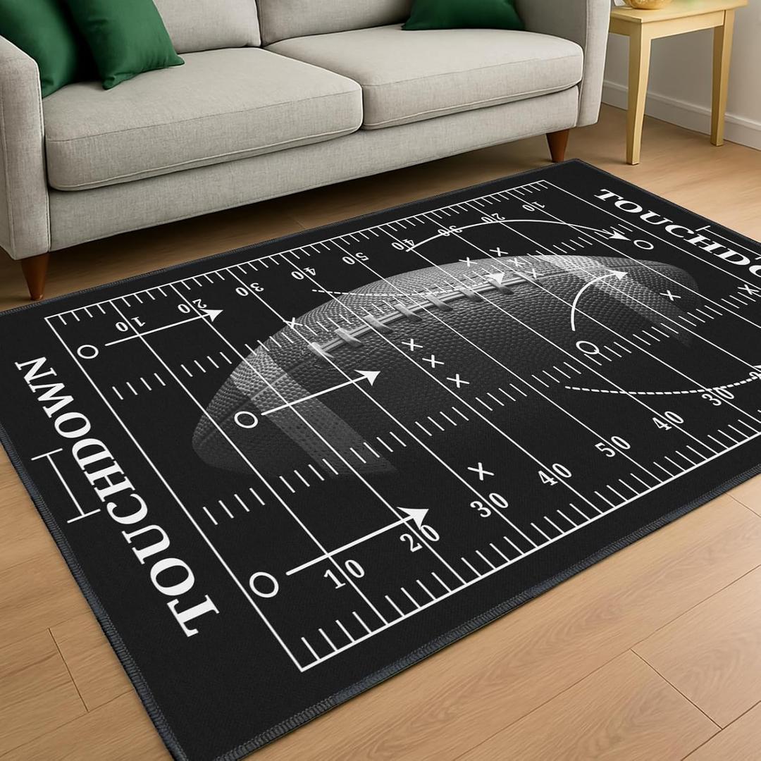 Football Rug for Bedroom,3'x5' Football Field Rugs with Non-Slip Backing,Sports Area Rug for Living Room and Game Room Decor (Black)