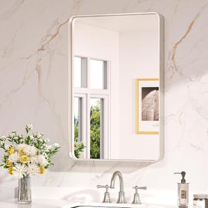 Keonjinn 20 x 30 Inch Brushed Nickel Bathroom Mirrors for Over Sink, Rounded Rectangle Silver Bathroom Vanity Mirror, Farmhouse Mirror for Wall, HD Tempered Glass, Seamless Aluminum Alloy Frame Mirror