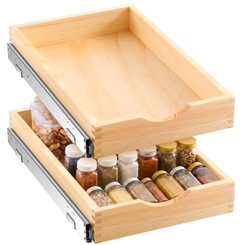 Menkxi 2 Set Wooden Pull out Cabinet Organizer Fully Assembled Slide out Pantry Drawer with Gentle Close Storage Shelf Tray for Base Kitchen Under Sink Bathroom Accessory(Wood Color,12'' X 21'' X 3")