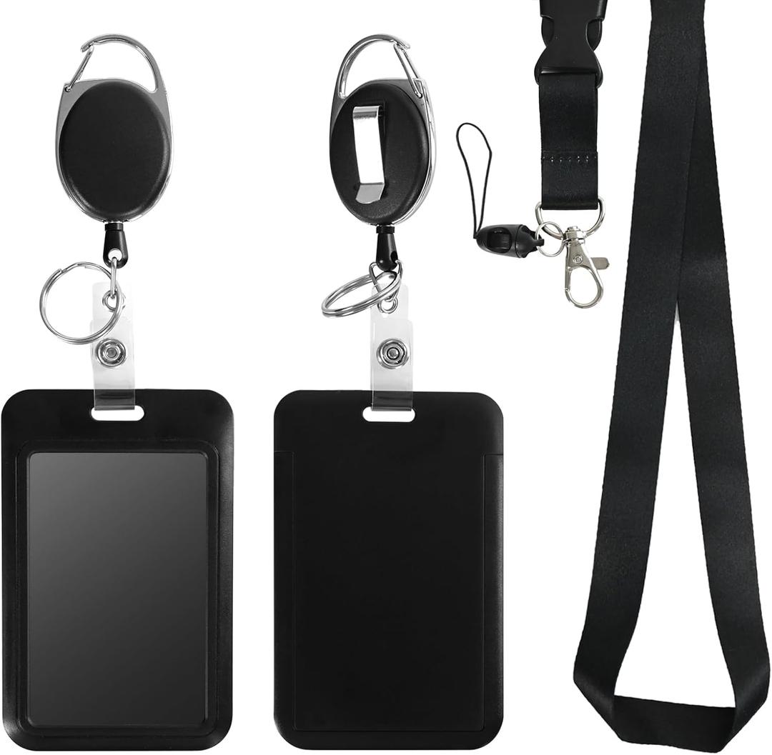 Retractable ID Badge Holder with Breakaway Lanyard,Heavy Duty Badge Reel,Detachable Keychain, Cruise Ship Cards Holder,for Nurse Officer Teacher Security Staff Women Men (2 Vertical Holders, 2 Oval Reels, 1 Lanyard, Black-1)