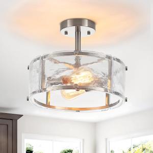 Modern Semi Flush Mount Ceiling Light Fixture, Brushed Nickel Dining Room Light Fixture, 2-Light Glass Foyer Lighting Fixtures 12.8" Small Ceiling Lights for Hallway Living Laundry Room Bedroom