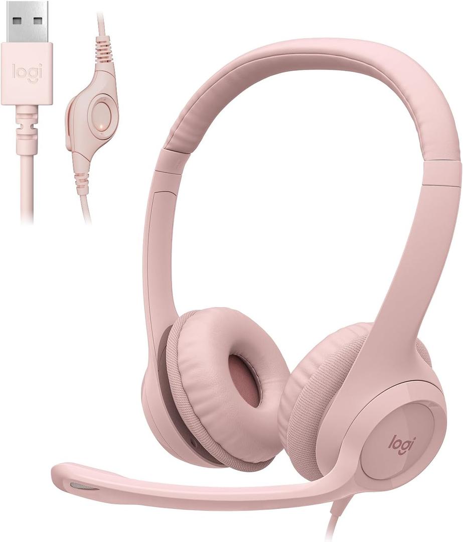 Logitech H390 Gaming Headphones, Wired Headphones with Mic, USB Headset with Microphone for PC, Noise Cancelling Microphone for Video Meetings, Music, Gaming - Rose (1 Pack)