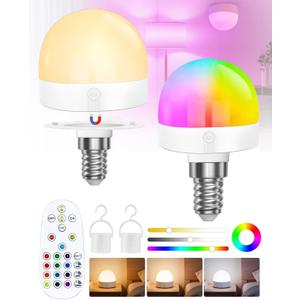 USB LED Rechargeable Light Bulb with Remote Control, Magnetic E12 Light Bulb,12 RGB Color Changing & 3 Color Temperature,2000mah,Dimmable Bulb with Timer Function for Wireless Table Lamps,2 Pack