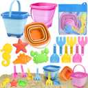 Dreamon Beach Toys for Kids 3-10, Collapsible Sand Castle Toys for Beach Include 3 Pack Foldable Buckets, Shovels Molds and Storage Mesh Bag, Sandbox Travel Toy for Toddlers Kids