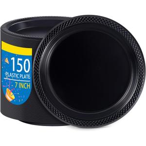 WELLIFE 7 Inch Black Dessert Plates 150 Count, Disposable Plastic Dessert Plates for Party Cake Appetizers Salad Picnic BBQ Easter