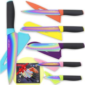 Kitchen Knife set Rainbow Titanium Coated - 12 Pcs Knife Set with Blade Guards, Dishwasher Safe, Razor Sharp German Stainless Steel Blade and Comfortable Handle