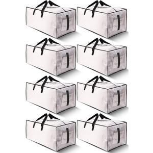8 Pack Large Strong Moving Bags with Zippers & Carrying Handles - Water-Resistant - Heavy Duty Storage Tote for Space Saving, Fold Flat, Alternative to Moving Box (Semi-Transparent)