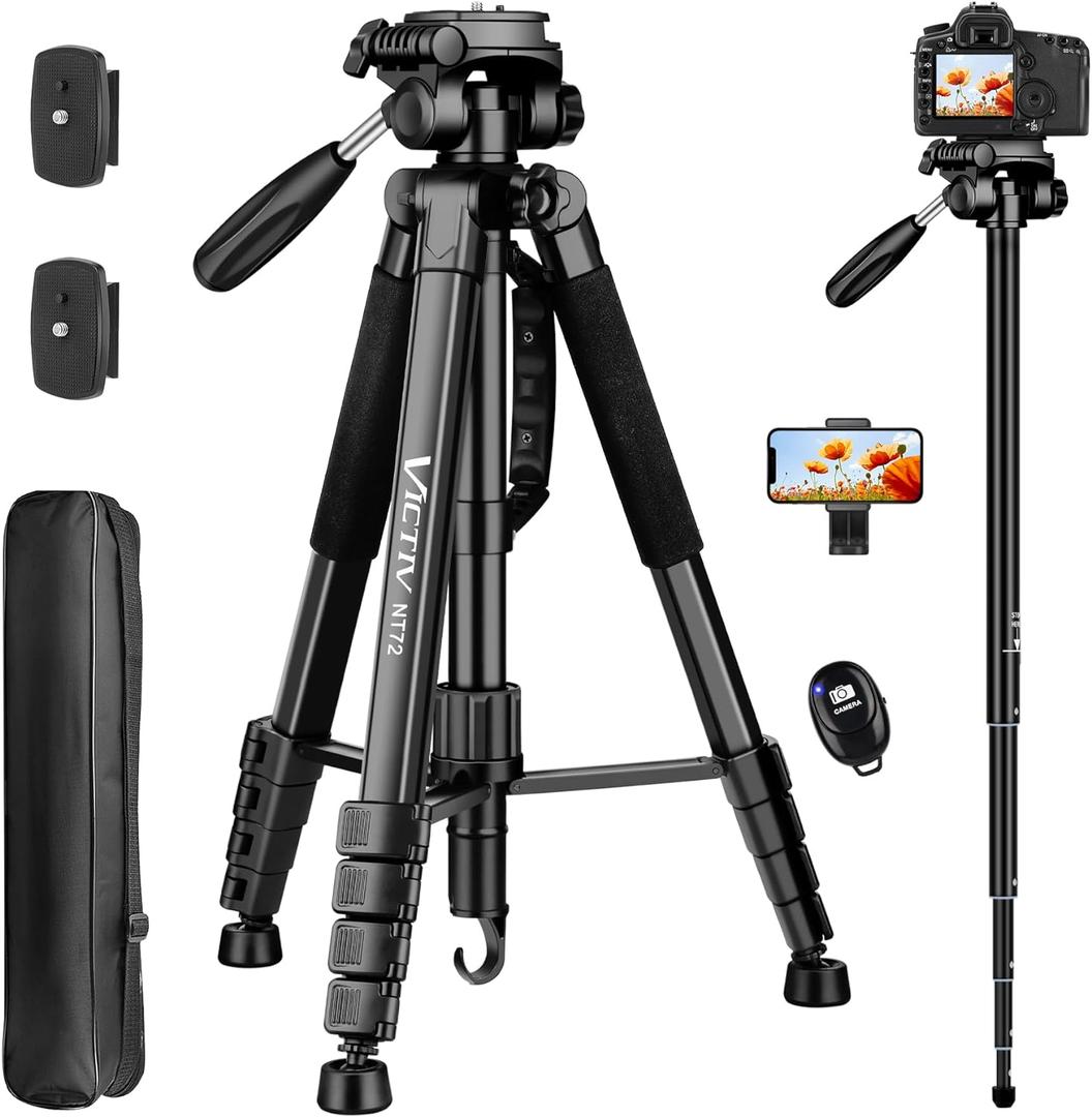 Tripod for Camera, 72" Tall Camera Tripod Monopod with Remote, Professional Heavy Duty Compact Camera Stand for Phone,DSLR, Spotting Scope, Telescope, Binocular (72 INCH, Black)