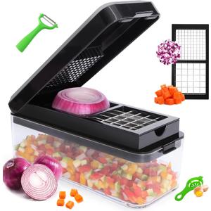 Vegetable Chopper, 4 in 1 Veggie Chopper, Multi-functional Salad Chopper, Mandoline Slicer, Onion Chopper, Food Chopper with Container and Lid (Black) (2 Blades)