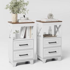Tall Nightstand Set of 2 Side Table with 2 Drawers Modern Night Stand Wooden Rustic End Table Narrow Bedside Table with Below Open Shelf Solid Feet for Bedroom, White+Walnut