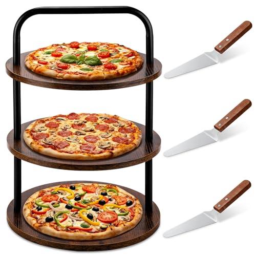 Teecyhooo 4 Pcs Wooden Pizza Stands Tiered Serving Tray Stand with 3 Pizza Servers for Pie Cupcake Dessert Cheese Party Restaurant