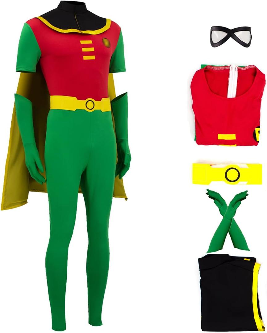 Robin Costume Adult Superhero Halloween Cosplay Jumpsuit Cloak Gloves Belt with Eye Mask Set (3X-Large, Green)