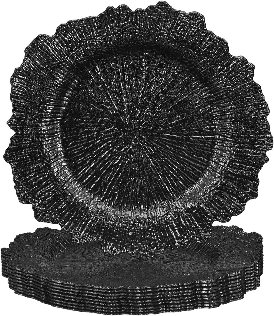 uxcell 10pcs Reef Charger Plates Bulk, 13 Inch Plastic Floral Charger Plates, Round Plate Chargers for Dinner Wedding Party Event Table Setting Decoration Black