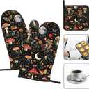 Cute Mushroom Oven Mitts and Pot Holders Sets of 3, Heat Resistant Black Hot Pads Oven Gloves with Hanging Loop for Cooking Grilling Baking, Boho Kitchen Decor, Witchy Gifts for Women Mushroom Lovers