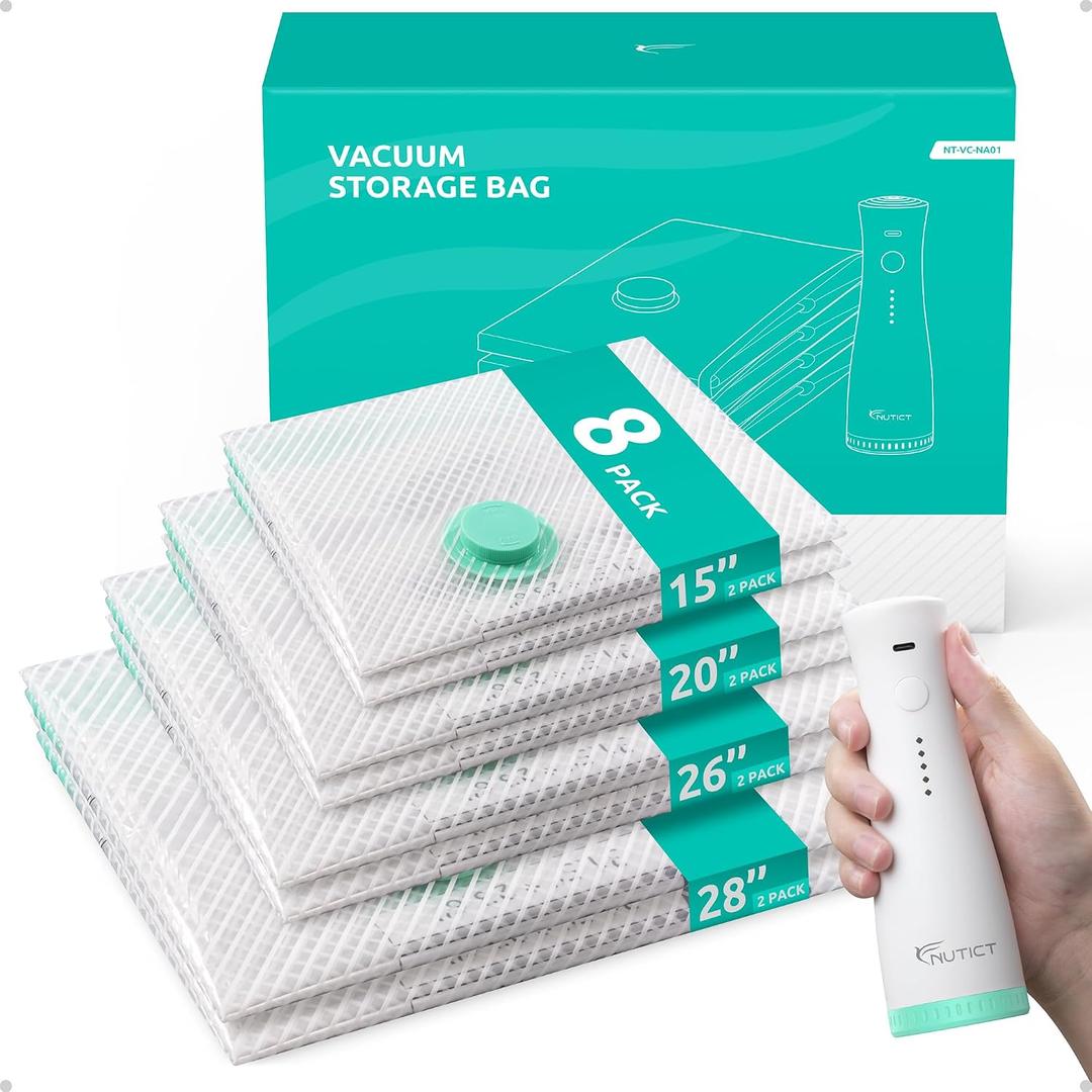 Travel Vacuum Bags with Electric Pump, Clothes & Blankets Storage, 8 Pack | 4 Sizes, Compression Packing Seal Bag for Luggage & Suitcase, Extra-Thick 3.5 Mil Reusable, Cruise Ship Vacation Space Saver