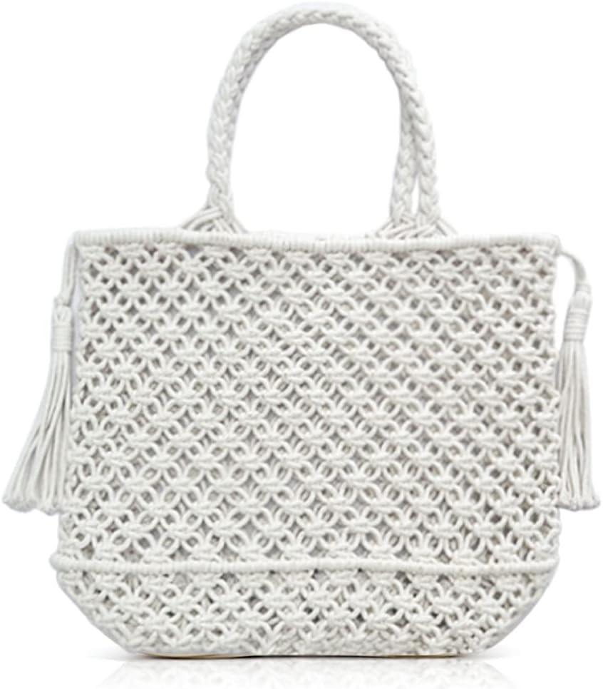 Hand-Woven Cotton Crochet bag Women's Summer Beach Tote Bag Crochet Clutch Bag Woven Envelope Bag with Cute Tassel (White)
