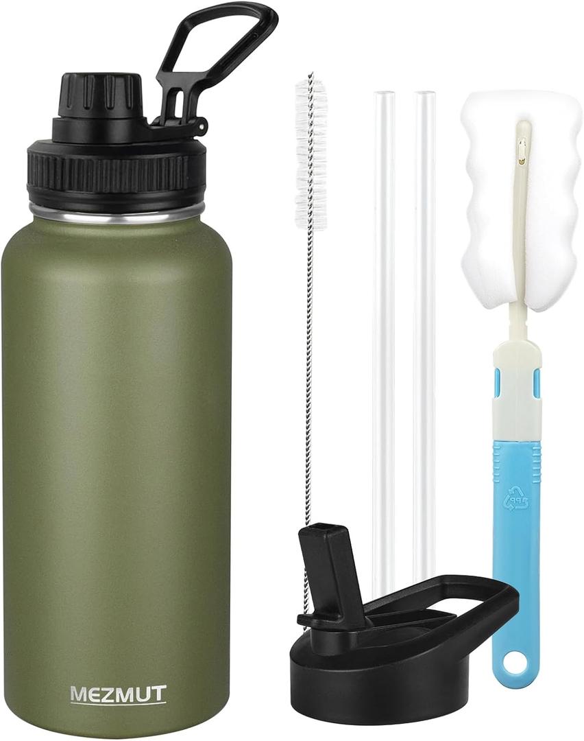 MEZMUT Stainless Steel Water Bottles 32oz Insulated Water Bottle with Straw&3 Lids Double Walled Sports Metal Thermos Water Bottle Cup Leak-Proof Vacuum Insulated Bottles Travel (Army Green)