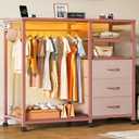 WLIVE Pink Dresser with Hanging Rack for Bedroom, 3 Drawer Dresser with LED Lights & Charging Station, Fabric Dressers & Chest of Drawers, Storage Organizer with Open Shelves for Living Room, 15.8"D x 41.4"W x 45"H