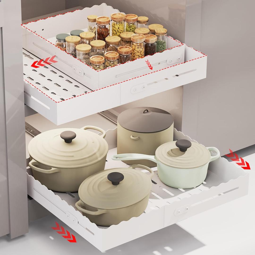 Expandable Pull Out Cabinet Organizer - Adjustable Width 12-18" & Depth 13-23", 3-Rail Heavy Duty Slide Out Drawer, No-Drills Adhesive Mount, Fits Lip & Lip-Free Cabinets (White)