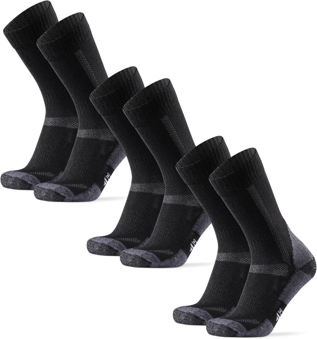 DANISH ENDURANCE Merino Wool Hiking Crew Socks for Men & Women, Cushioned Anti-Blister, Breathable - 3 Pairs (Large, Black/Grey)
