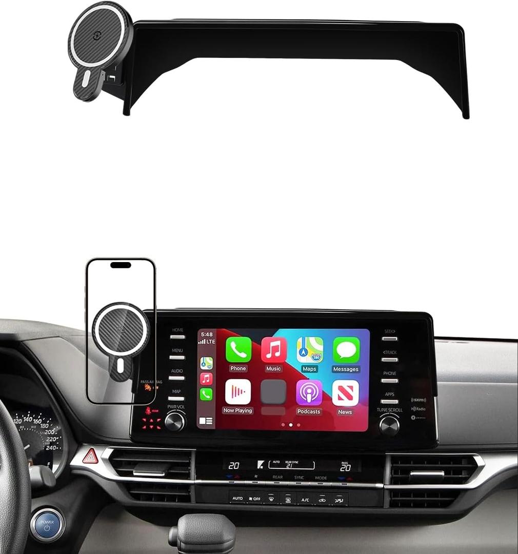 PZK Car Phone Holder for Toyota Sienna 2021-2024 XLE/XSE/Limited/Platinum Accessories 12.3-Inch Screen Fixed Clip Magnetic 15W Fast Wireless Charger Phone Mount with Sunglasses Storage Box 360 Rotate