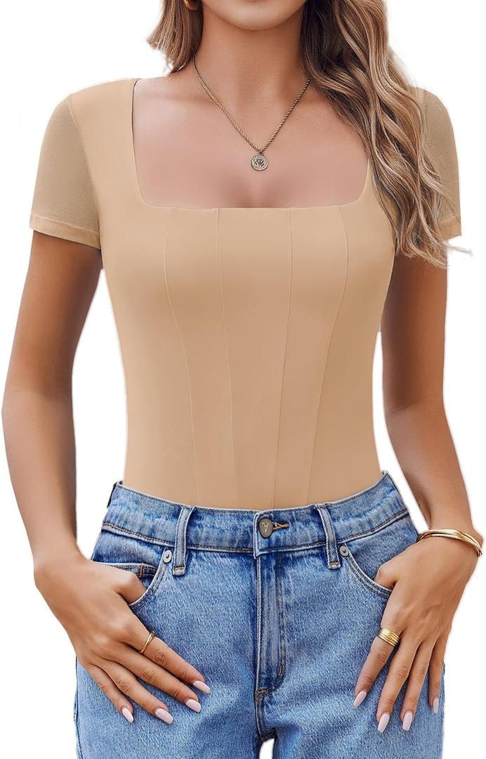 Avidlove Women's Short Sleeve Bodysuits Sexy Square Neck Bodysuit Mesh Double Lined T Shirt Leotard Tops Going Out (Nude), Small