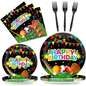 Sports Party Plates Napkins Sports Happy Birthday Party Tableware Baseball Football Soccer Basketball Rugby Disposable Paper Plates Napkins for Boy Birthday Decoration Supplies Favors 24 Guests