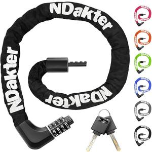 NDakter Upgrade Bike Chain Lock with 4 Digit Combination and 2 Keys, 1.64/2.3/3.2/4.28 Ft Heavy Duty Anti-Theft Bicycle Lock, 2 Ways to Unlock High Security Locks for Ebike, Scooter, Motorcycle, Door