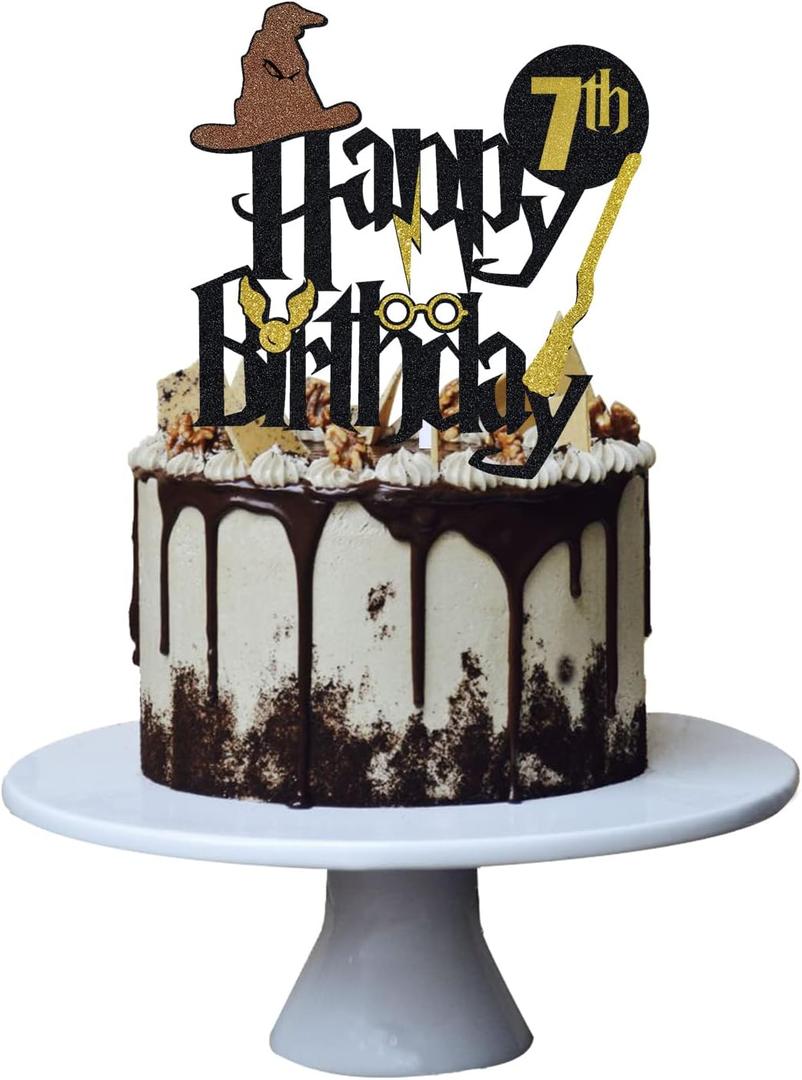 6 x Wizard 7th Cake Topper, Boy and Girl 7 Happy Birthday Party Decoration - Black (5th-50th)