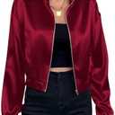 Verdusa Women's Bomber Satin Lightweight Jacket Drop Shoulder Long Sleeve Zip Up Outerwear Size M