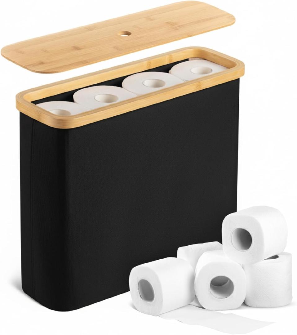 BAMBOO LAND- Toilet Paper Storage with Bamboo Lid for 12 Rolls, Black, Waterproof Bamboo Toilet Paper Holder Basket