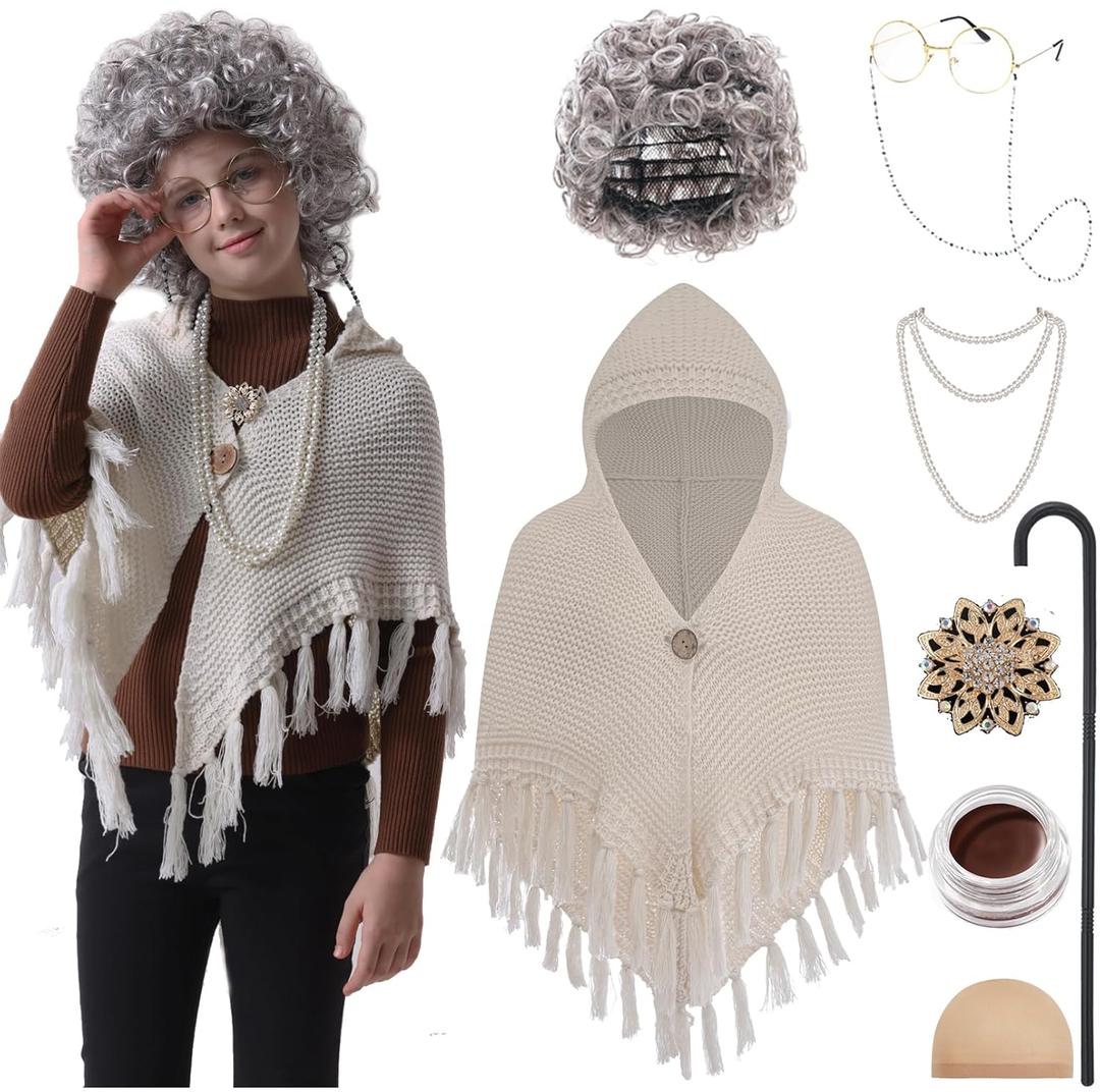 EBYTOP Old Lady Costume for Kids 100 Days of School Costume for Girls 100th Day Grandma Dress Up,Set1
