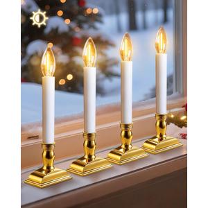 Window Candles with Sensor Dusk to Dawn Electric Corded, 9.6'' Plug-in LED Window Candle Lights with Gold Holder and 6ft Cord, Christmas Candles for Windows Decoration, UL Listed, 4 Pack