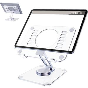 360 Rotating Acrylic Tablet Stand, Adjustable Desk Stand Foldable Clear Holder Stands Compatible for iPad Pro, Air, Mini, Kindle, Surface Pro, Galaxy Tab, Phone, 4-13",Clear