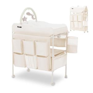 Baby Changing Table, Versatile Portable Folding Changing Table, Waterproof Diaper Changing Station with Waste Basket, Adjustable Height with 2 Drawers, Baby Changing Station, Beige
