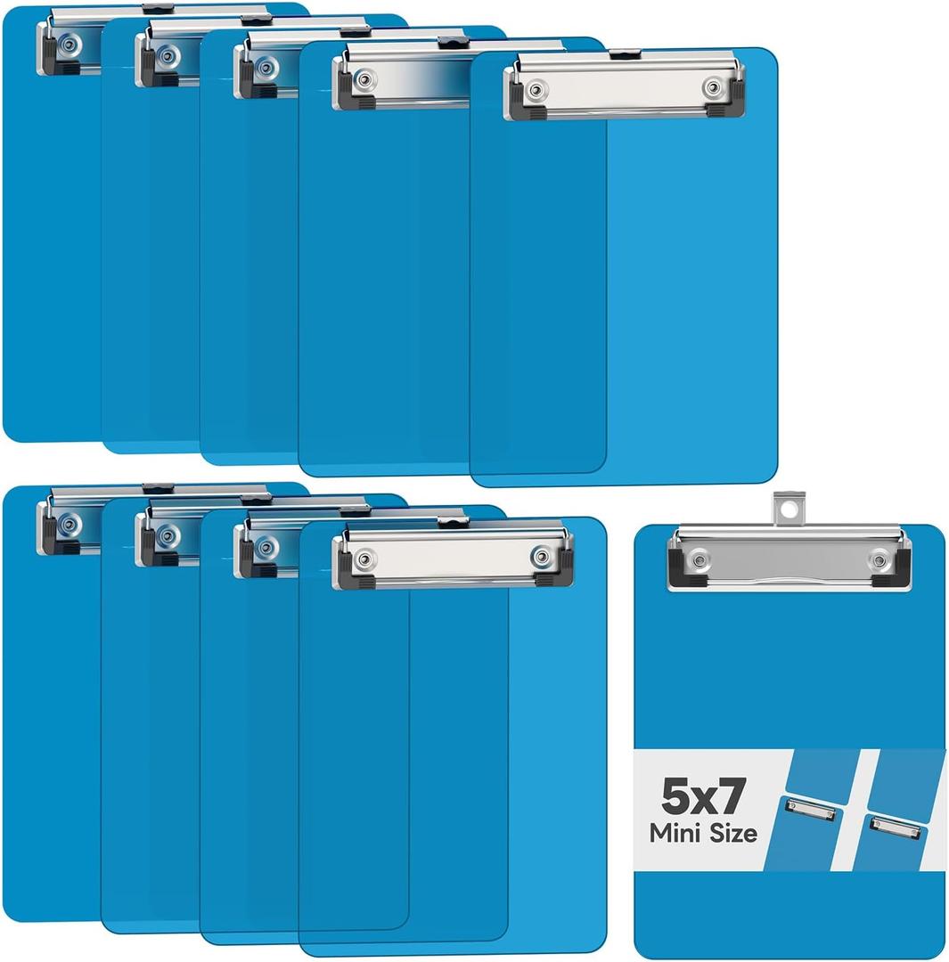 Mini Clipboard 10 Pack, 5 x 7 Plastic Small Blue Clip Boards with Low Profile Clip, Memo Size for Classroom, Teacher, Students, School & Office Supplies