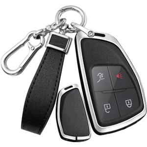 SANRILY PU Leather 3/4/5/6 Button Smart Key Fob Cover - Fit for Buick Envision Avenir & Chevy Suburban Tahoe - GMC Yukon Denali Sierra Silverado Keyless with Keychain - Silver-Black