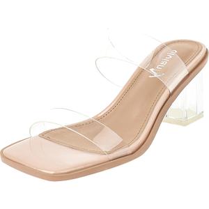 vivianly Womens Clear Heels Sandals Transparent Chunky Heels Backless Open Toe Slip on Mules Heeled Slipper Dress Shoes (8, Nude Double Straps-2.56in)