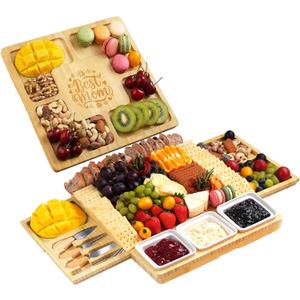Large Charcuterie Board Set with Knife Set, 12.6" 11.2" Square Fruit Tray, Bamboo Cheese Platter (Double-Drawer), Great for Group Gatherings, House Warming Gifts New Home, Mother theme