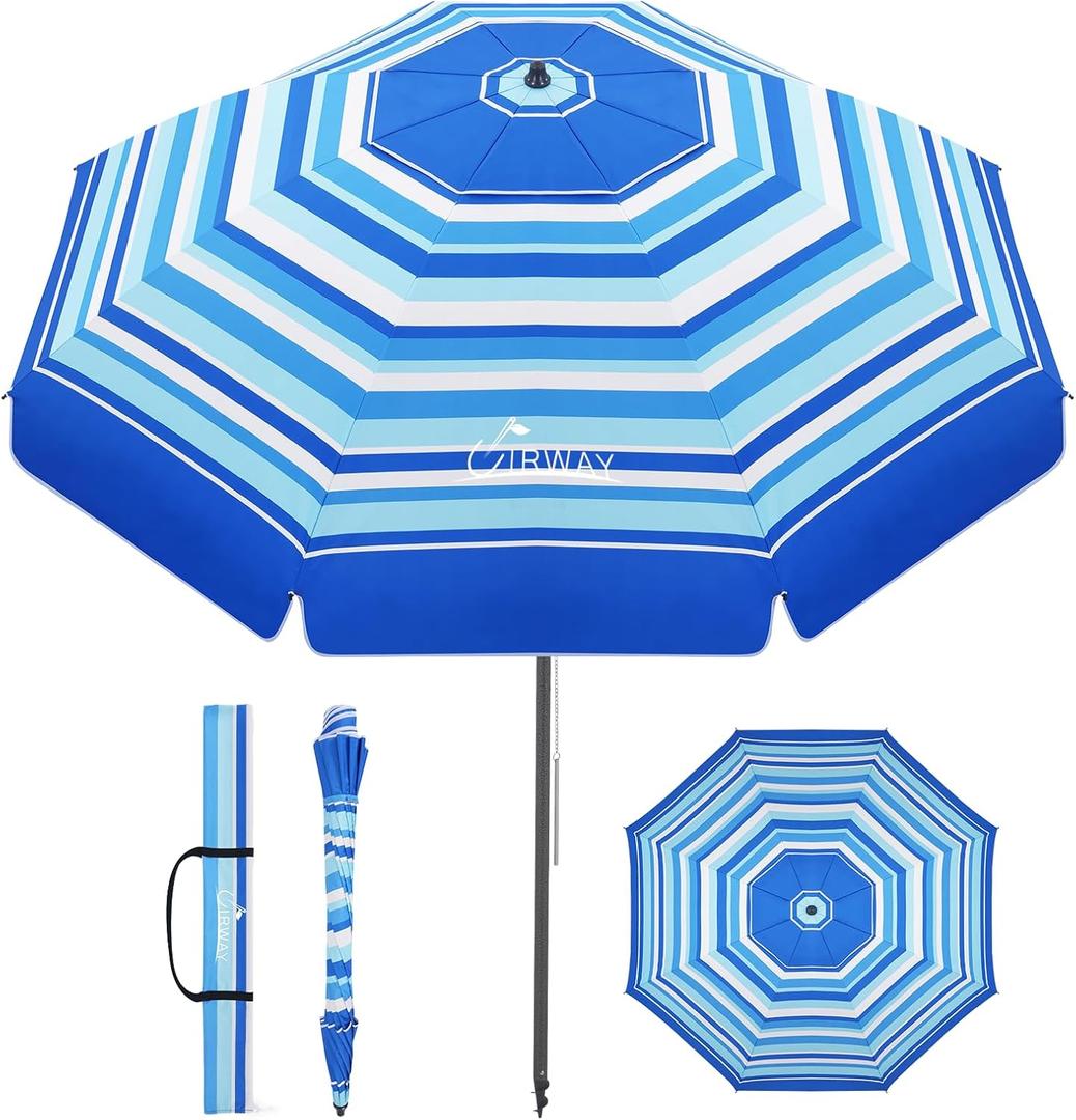 UIRWAY Beach Umbrella, Heavy Duty Windproof Beach Umbrellas with Sand Anchor & Tilt, Sun Protection Portable Beach Umbrella with Carrying Bag for Beach, Patio Garden Pool Outdoor (8.5FT, Seaside Blue)