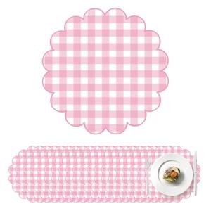 100 Pcs Checkered Paper Placemats Pink Gingham Place Mats 13.5 Inch Disposable Round Decorative Dining Table Mat with Scalloped Edge Paper Cutouts Decor for Picnic BBQ Table Party Supplies