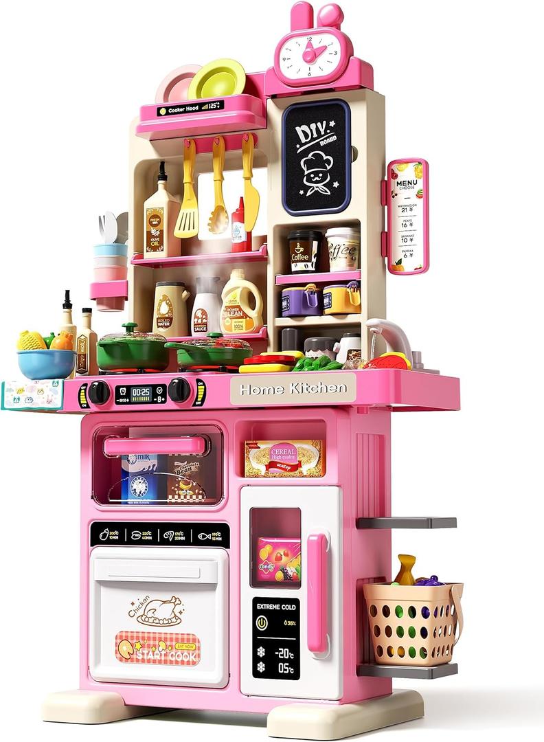 33.8IN - 70PCS Kids Kitchen Playset with Sound & Light - Cooking Stove with Steam, Play Sink and Toy Kitchen Accessories - Pretend Kitchen Play Food Toys for Kids Boys Girls - Toddler Play Kitchen Set (Pink)
