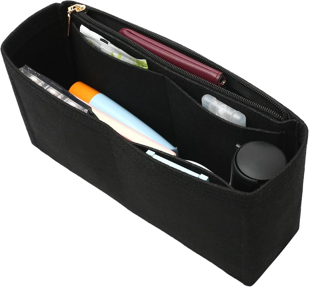 Surblue Purse Organizer Insert for Handbags, Felt Bag Organizer with Zippers Handbag Shaper Pouch for Classic 19 Flap Bag, Marmont, Onthego,Black, Slender M