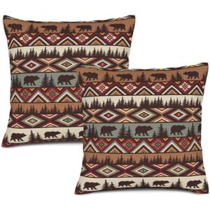 Vintage Rustic Outdoor Throw Pillow Covers Set of 2 Country Cabin Themed Decorative Pillow Cases, Farmhouse Mountain Bear Cushion Pillow Covers for Sofa Couch Living Room Decor 18x18