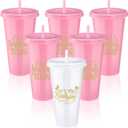 Birthday Party Tumblers 24 oz Squad Plastic Tumblers with Lid and Straw for 20th 30th 40th 50th 60th Birthday Decorations Favor for Women Adults (White, Pink, 5 Pcs)