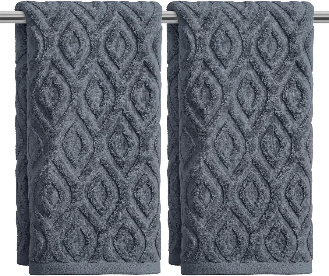 Artoid Mode 2 Pcs Grey 3D Diamond Grid Jacquard Hand Towels for Bathroom, 100% Cotton Soft Absorbent Bathroom Decor Towels, 13.7 x 29.5 Inch