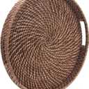 Round Rattan Woven Serving Tray with Handles Ottoman Tray for Breakfast, Drinks, Snack for Coffee Table, Home Decorative (16.9 inch, Honey Brown)