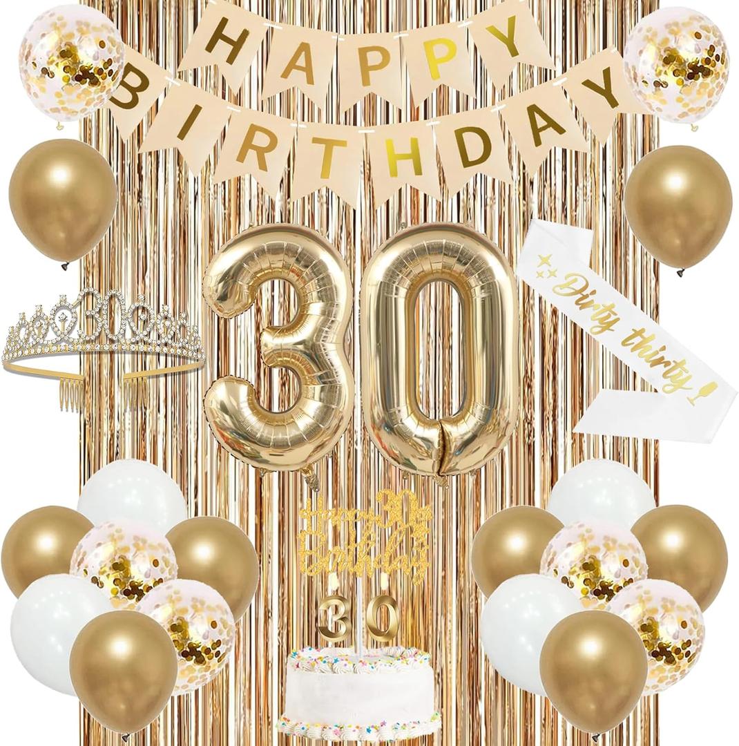Trgowaul 30th Birthday Decorations for Women, Banner, Sash and Crown, Cake Topper, 30 Number Balloon, Fringe Curtains, Champagne Gold 30th Birthday Party Supplies