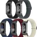 5 Pack Elastic Nylon Watch Bands Compatible for Fitbit Charge 6/Fitbit Charge 5, Adjustable Breathable Replacement Stretchy Nylon Loop Wristband Sport Strap for Women Men (Black+Grey+Indigo+Wine Red+Beige)