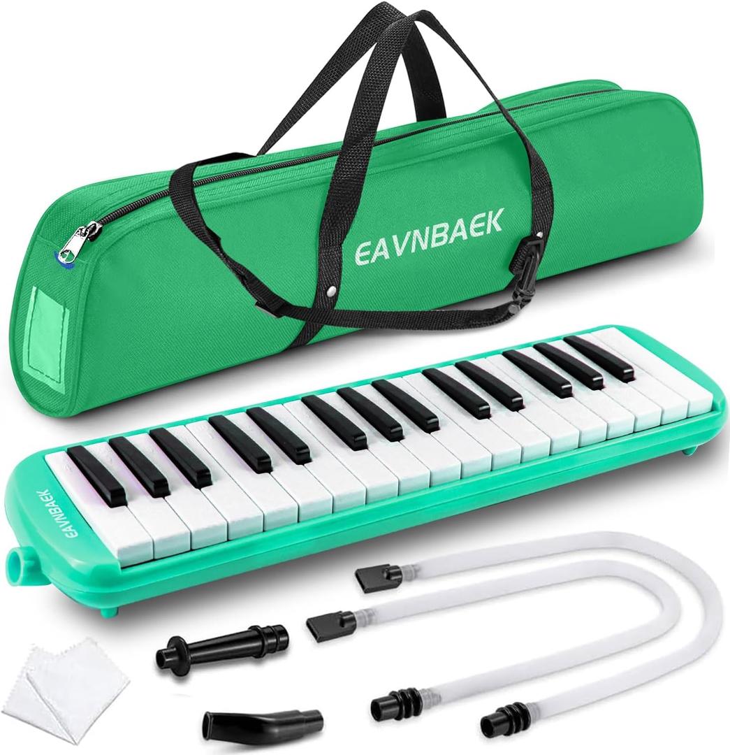 Eavnbaek 32 Keys Melodica Instrument, Soprano Melodica Air Piano Keyboard Pianica with 2 Soft Long Tubes, 2 Short Mouthpieces and Carrying Bag (Green)